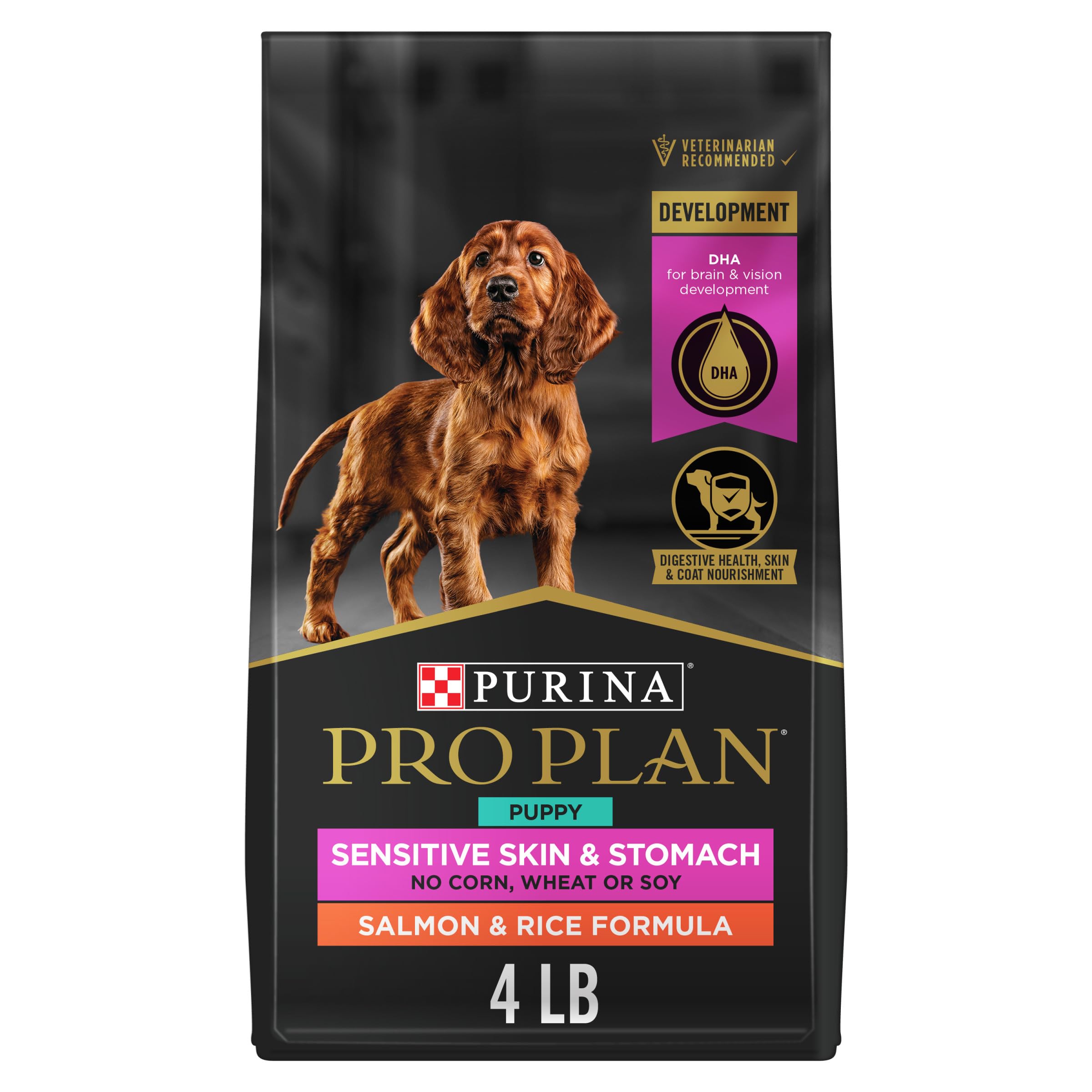 Purina Pro Plan Puppy Salmon and Rice ingredient close-up highlighting top salmon for growth.