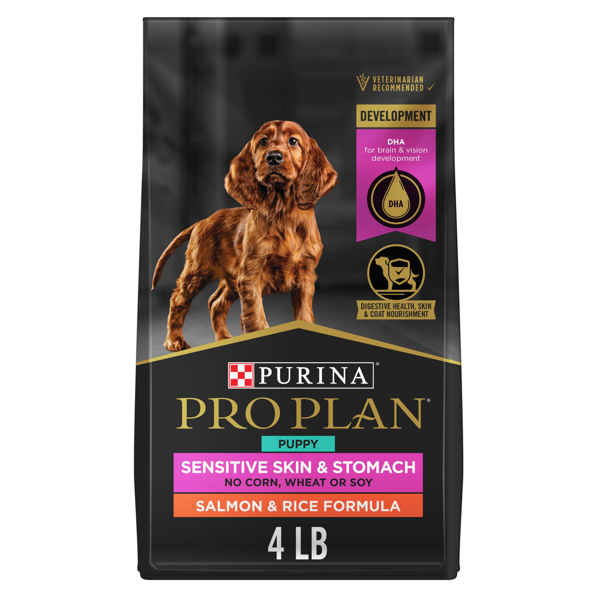 Purina Pro Plan Puppy Salmon and Rice ingredient close-up highlighting top salmon for growth.