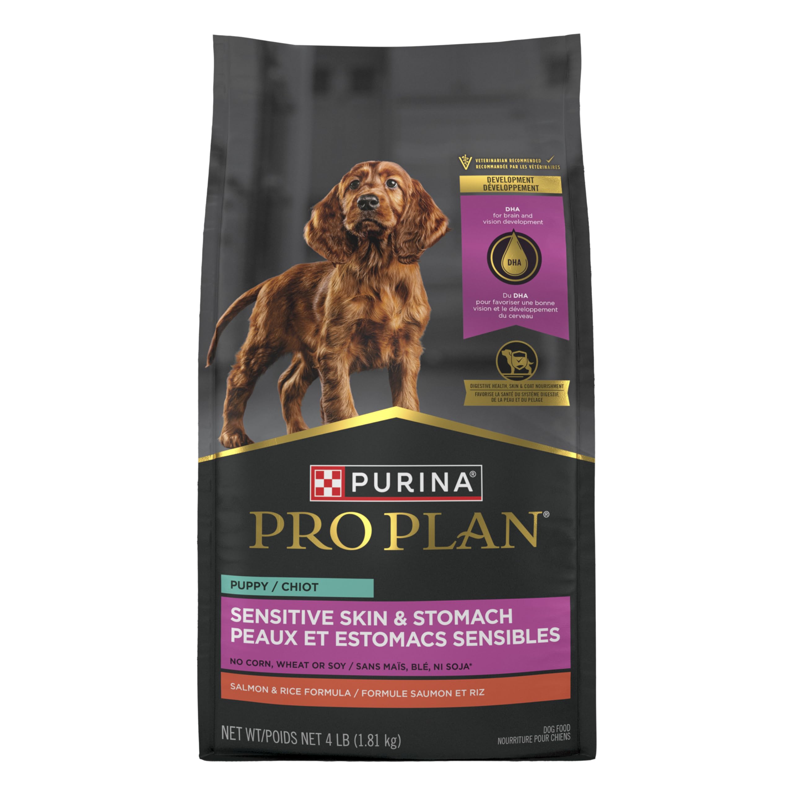 Purina Pro Plan Puppy Salmon and Rice probiotics close-up highlighting gut health support.