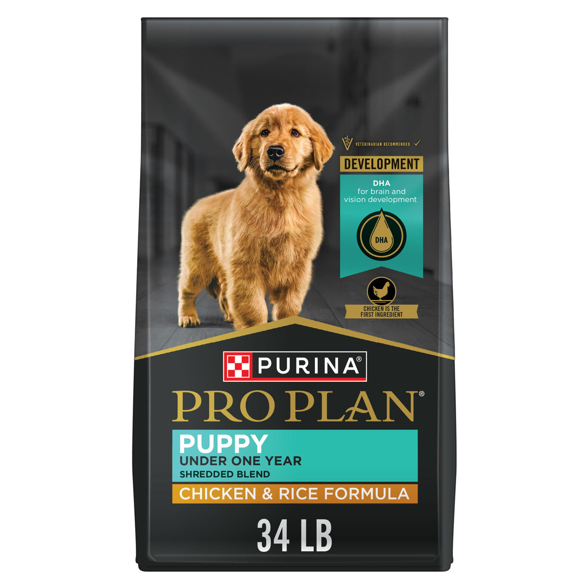 Purina Pro Plan Puppy Shredded Blend Chicken and Rice bag front, ideal for growing puppies.