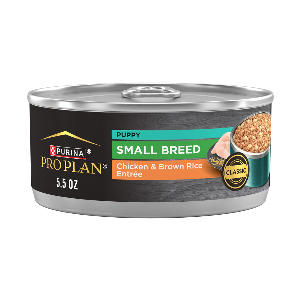 Purina Pro Plan Puppy Small Breed can front view showing protein-rich meal for lean muscles