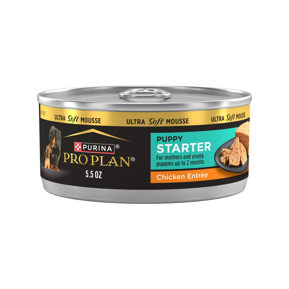 Purina Pro Plan Puppy Starter Mousse chicken-entree packaging close-up highlighting first-ingredient chicken