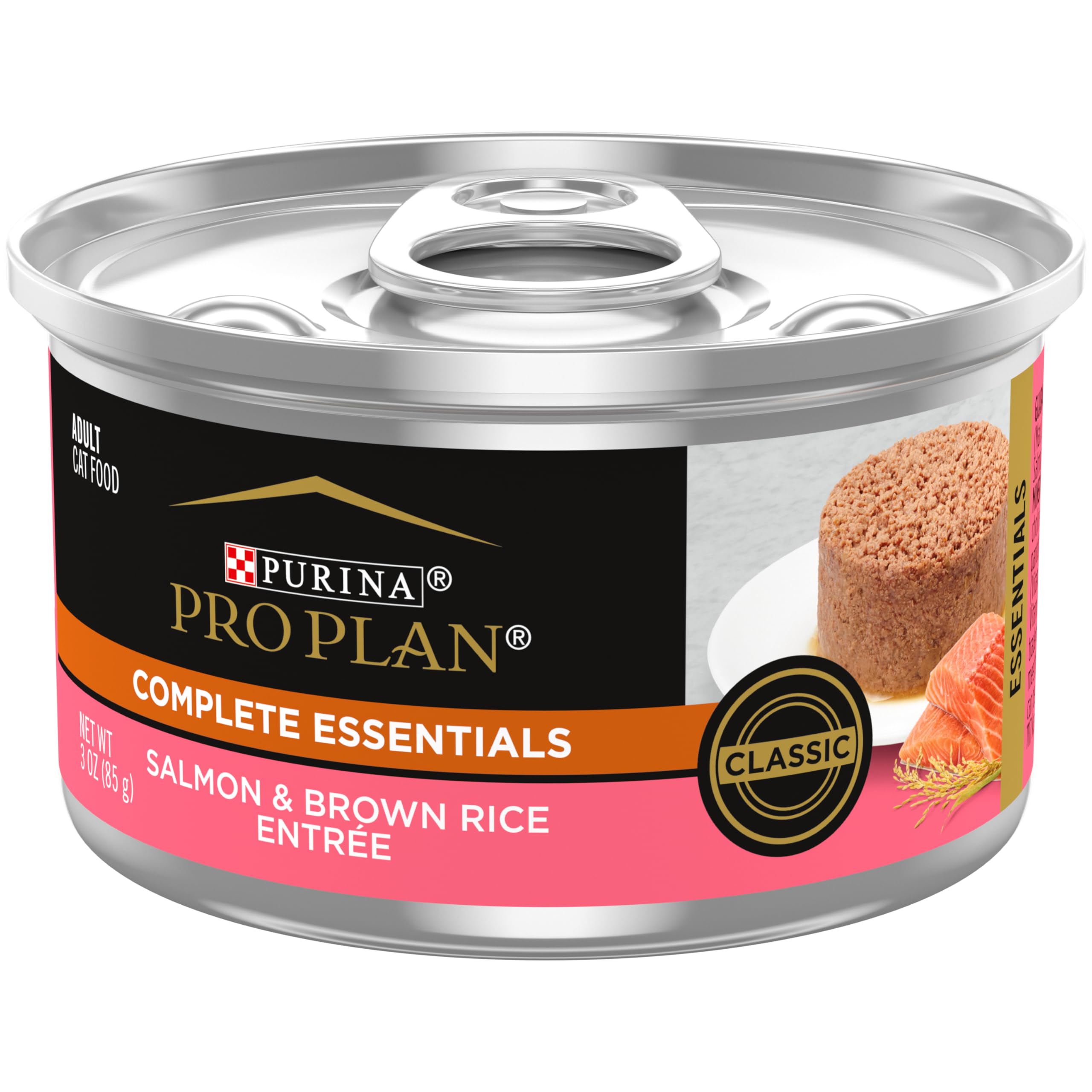 Purina Pro Plan salmon brown rice entree 3oz can offers high-protein complete nutrition.