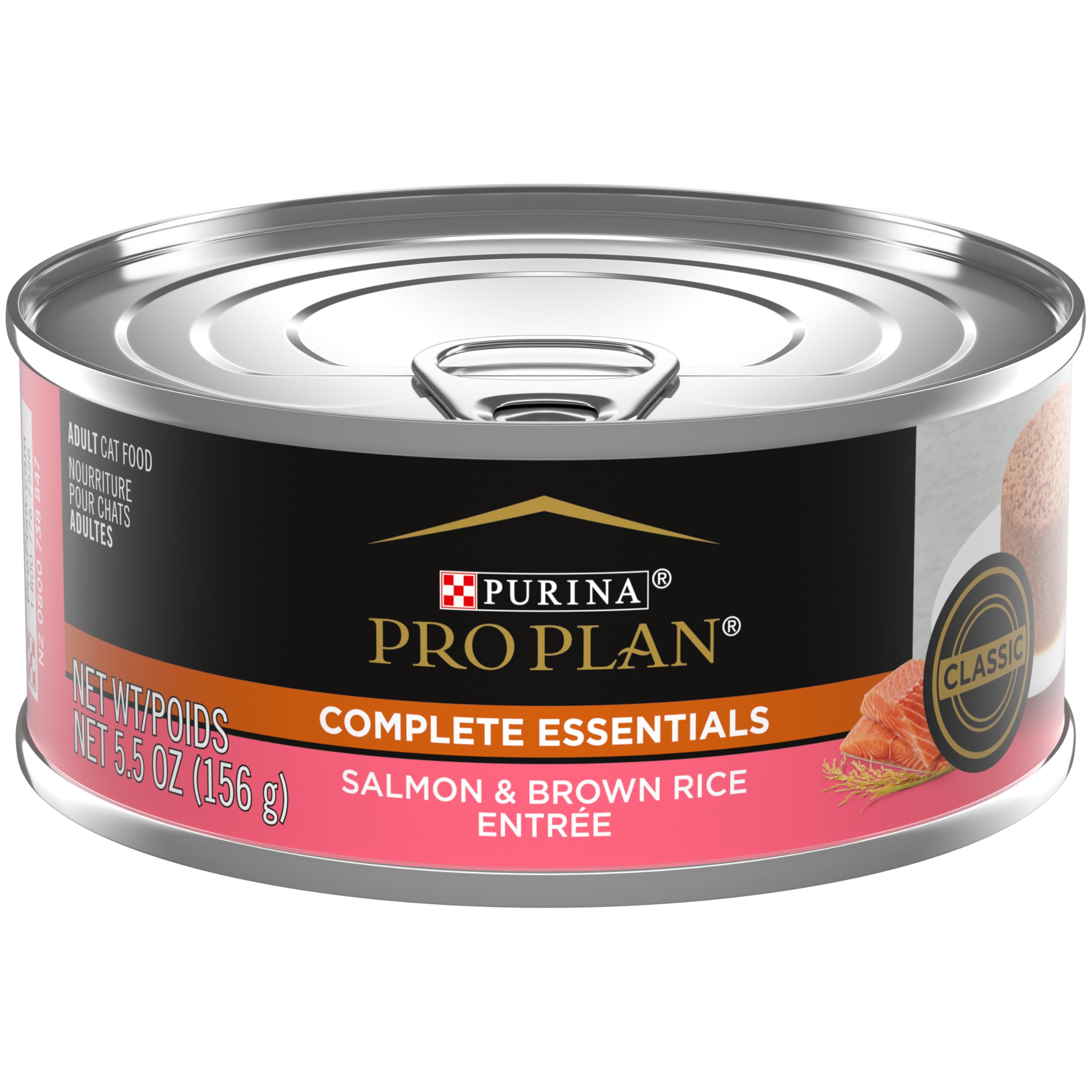 Purina Pro Plan salmon and brown rice pate can, showcasing real salmon flavor for nutrition