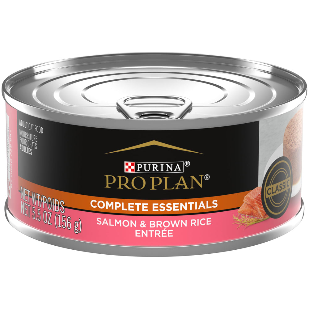Purina Pro Plan salmon and brown rice pate can, showcasing real salmon flavor for nutrition