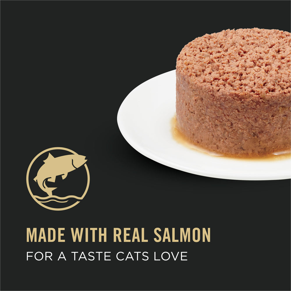 Purina Pro Plan salmon pate with rice close-up highlights real ingredients.