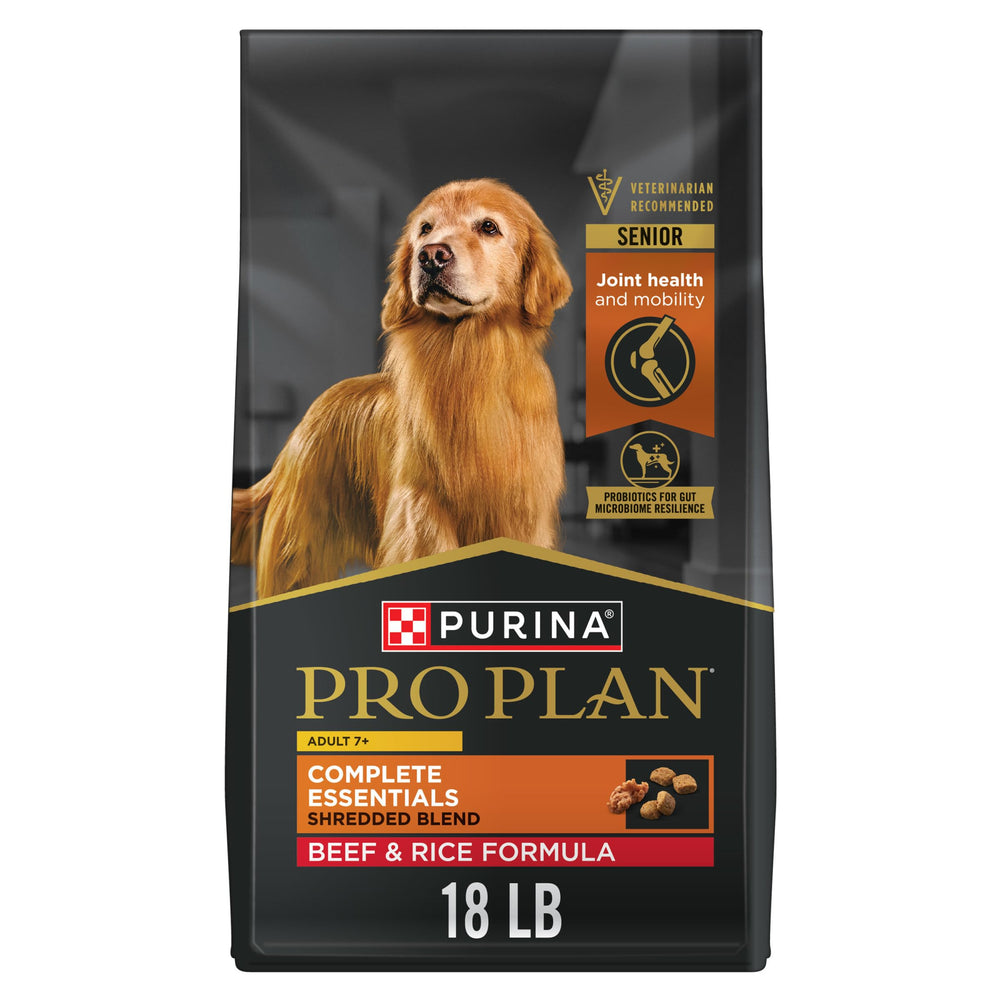 Purina Pro Plan Senior beef kibble front view supports lean muscle with high protein