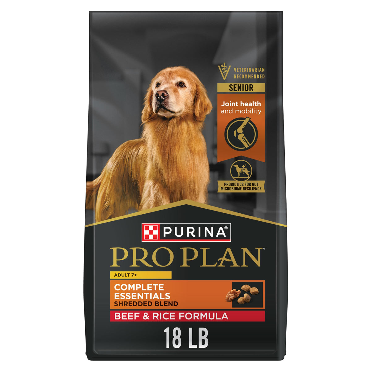 Purina Pro Plan Senior beef kibble front view supports lean muscle with high protein