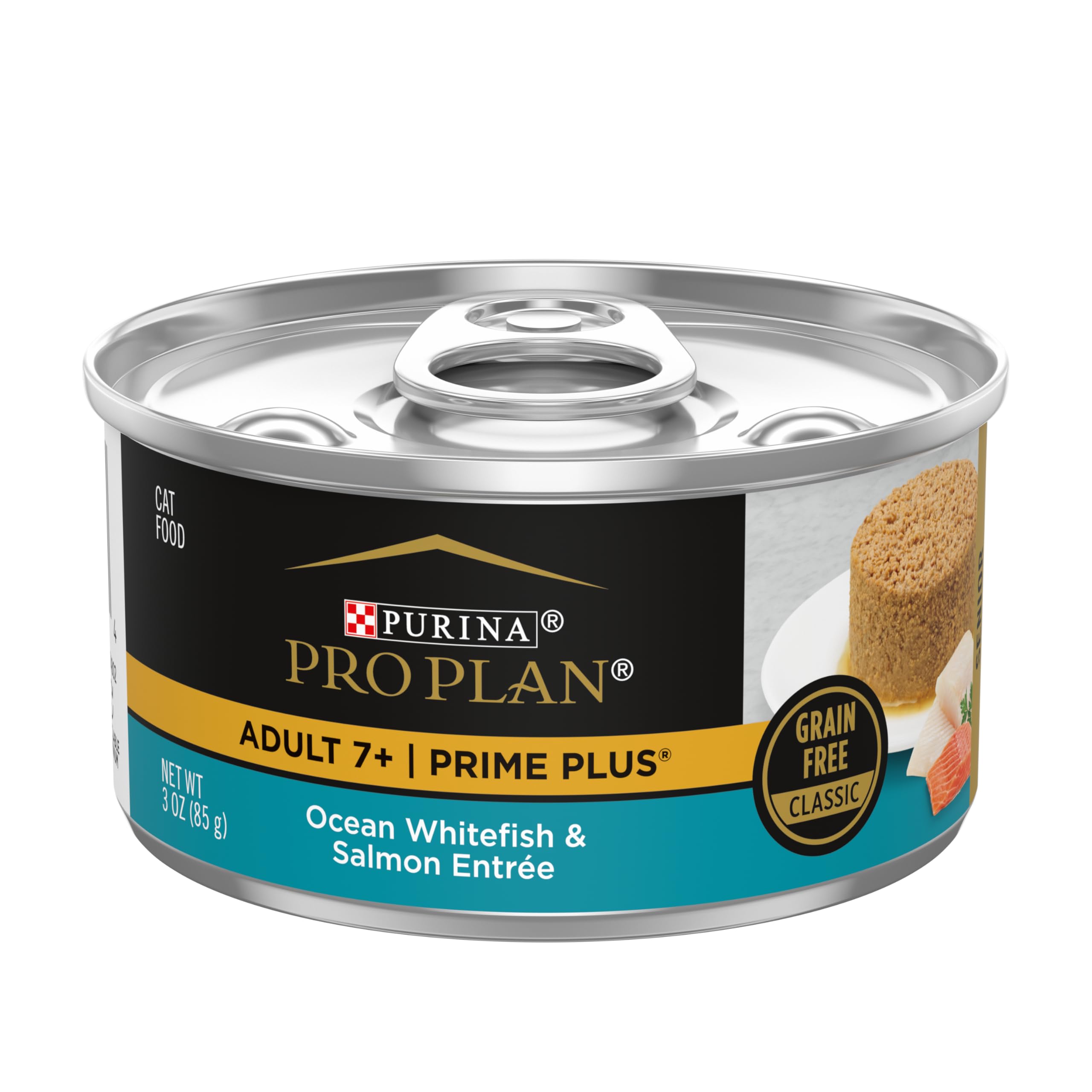 Purina Pro Plan Senior Cat Food pate with ocean whitefish and salmon in 24-pack cans