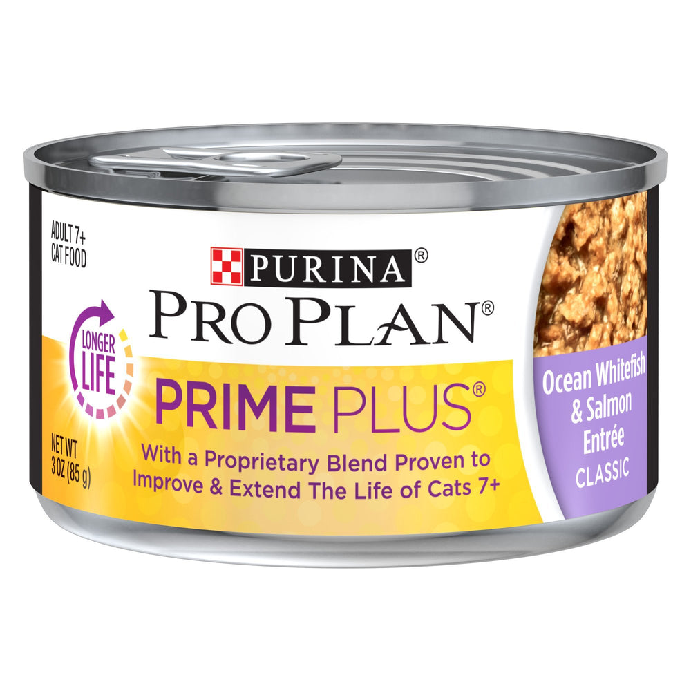 Purina Pro Plan Senior Cat Food pate packaging and cans