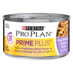 Purina Pro Plan Senior Cat Food pate packaging and cans