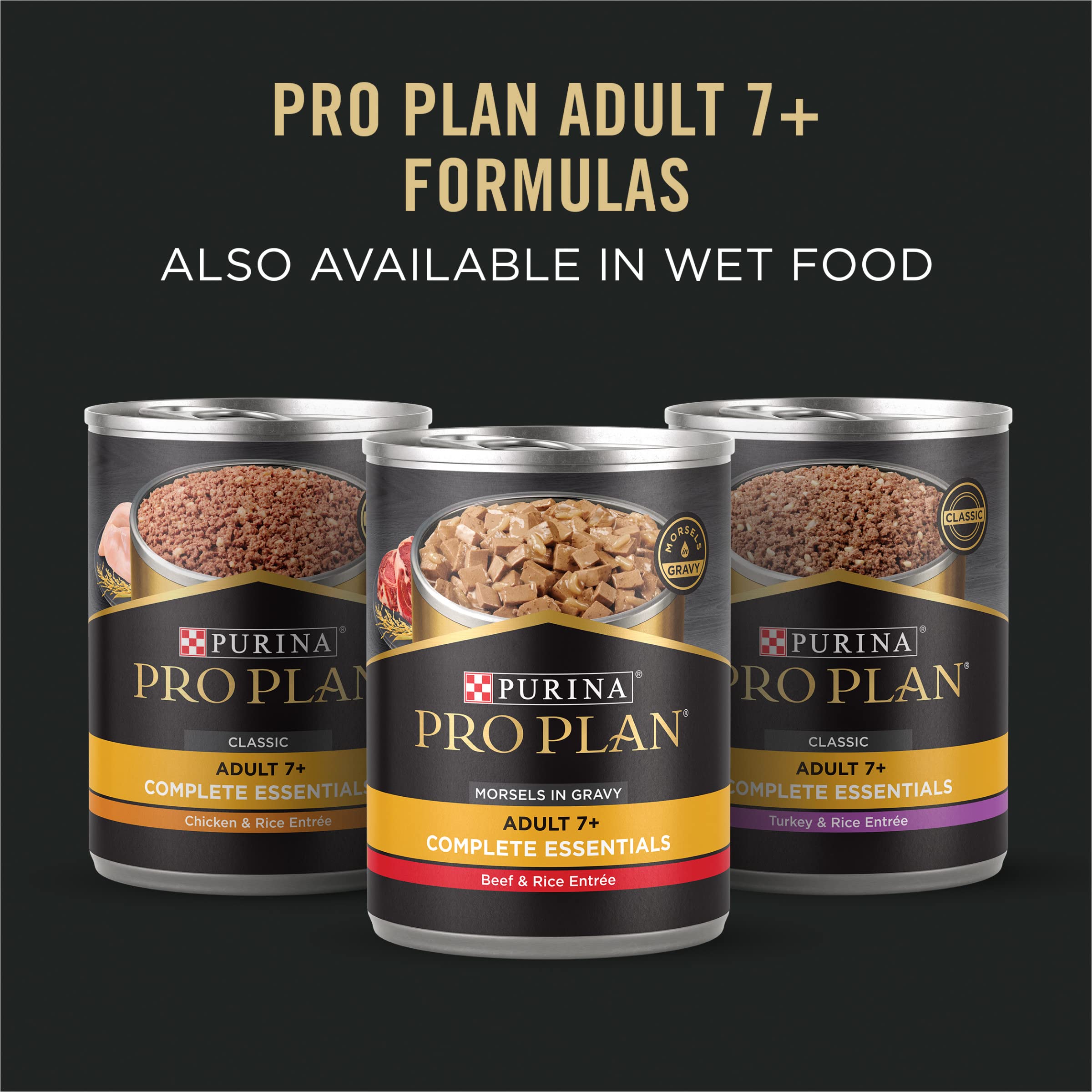 Purina Pro Plan Senior texture emphasis on crunchy kibble with shredded pieces