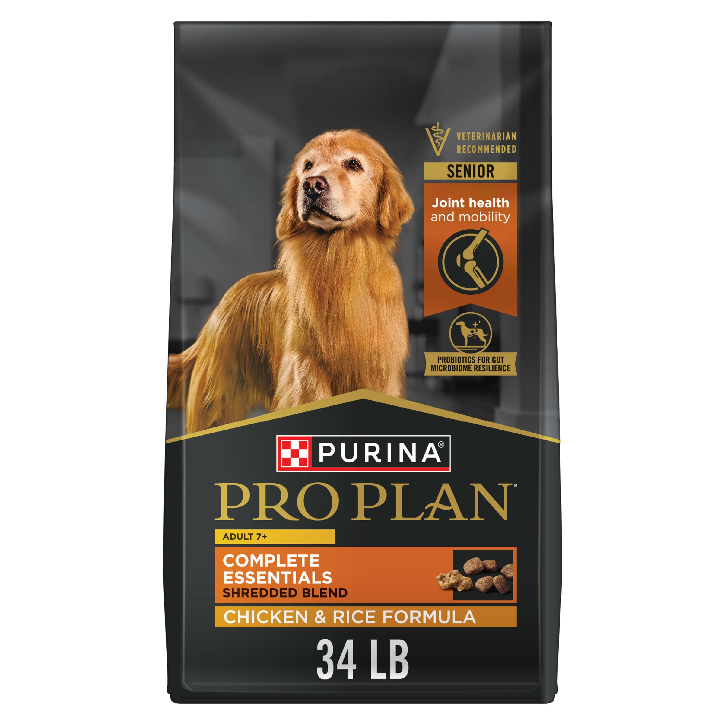 Purina Pro Plan Senior dog food bag shows senior-friendly nutrition with real chicken.