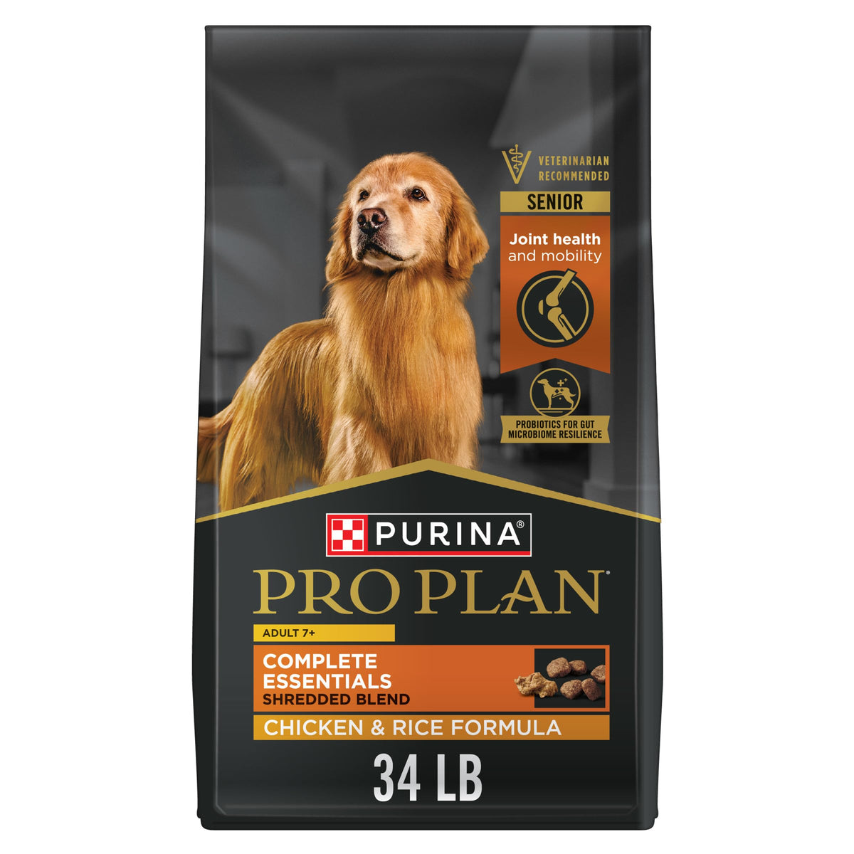 Purina Pro Plan Senior dog food bag shows senior-friendly nutrition with real chicken.