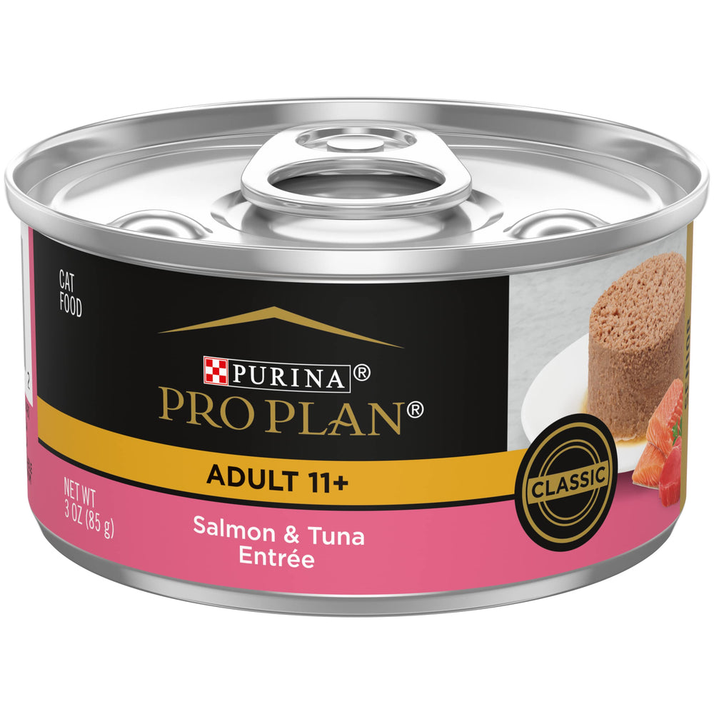 Purina Pro Plan Senior Salmon and Tuna Entree pate can: high-protein meal for 11+ cats.
