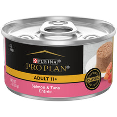 Purina Pro Plan Senior Salmon and Tuna Entree pate can: high-protein meal for 11+ cats.