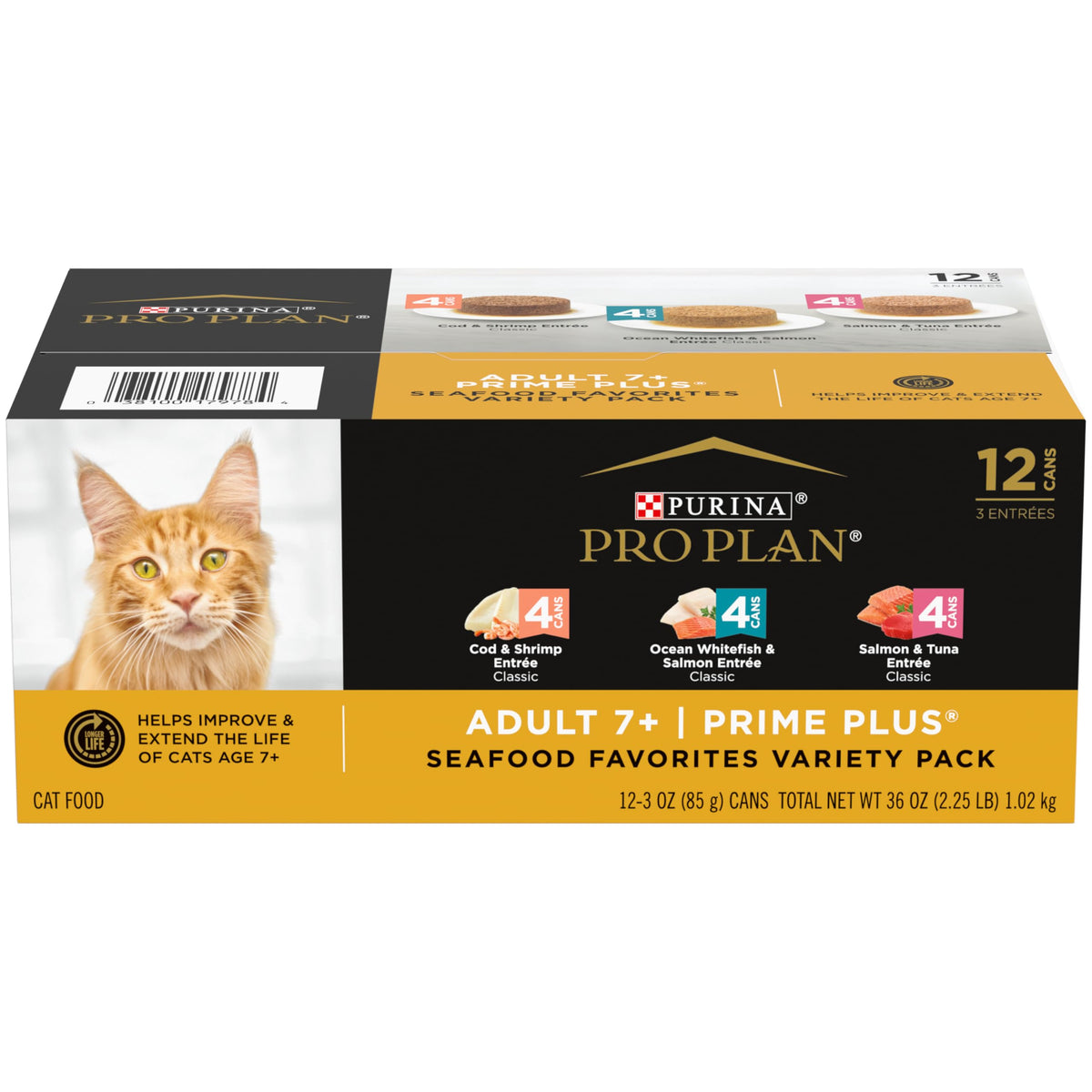 Purina Pro Plan SENIOR Seafood Favorites pate can front view for seniors, real fish flavor