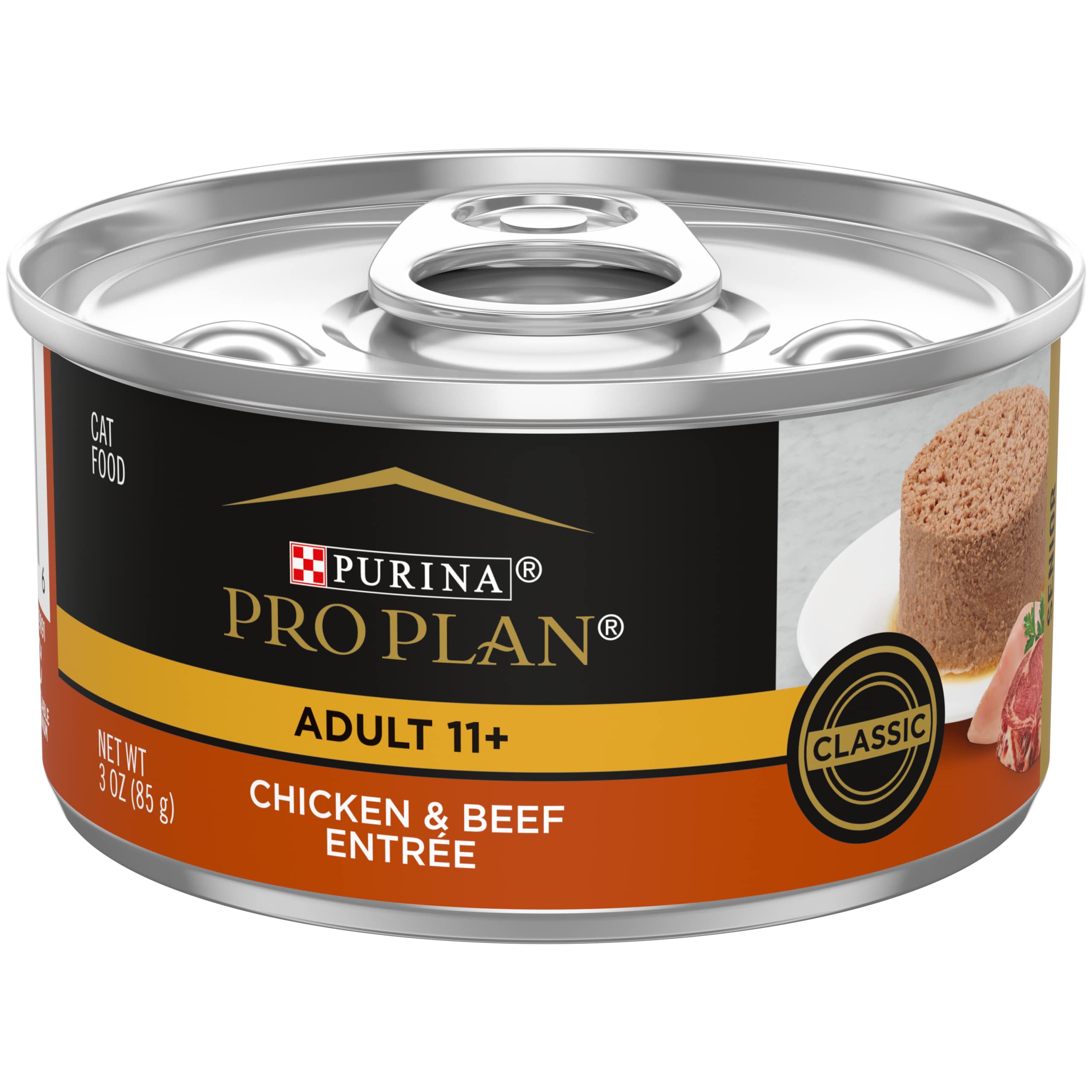 Purina Pro Plan SENIOR 11+ chicken and beef pate in pack of 24 cans for seniors.