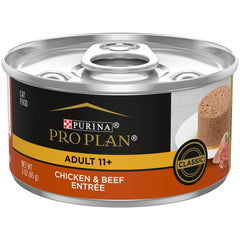 Purina Pro Plan SENIOR 11+ chicken and beef pate in pack of 24 cans for seniors.