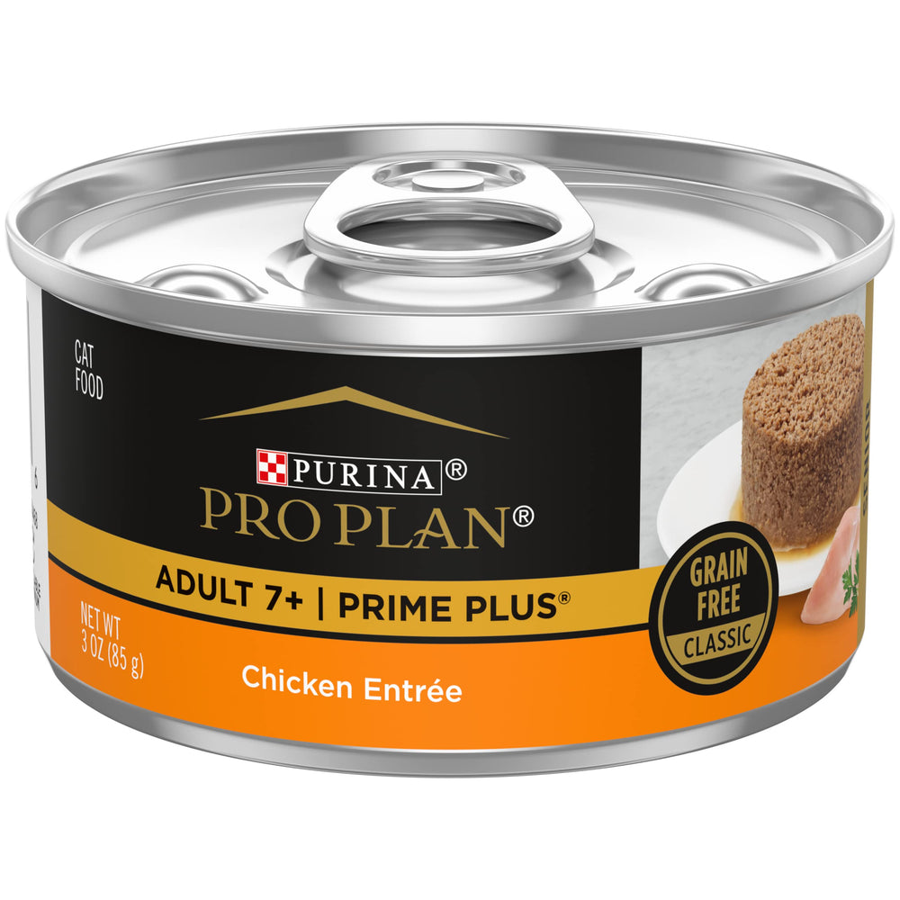 Purina Pro Plan Senior Chicken Entree pate in pull-top can for cats 7+.