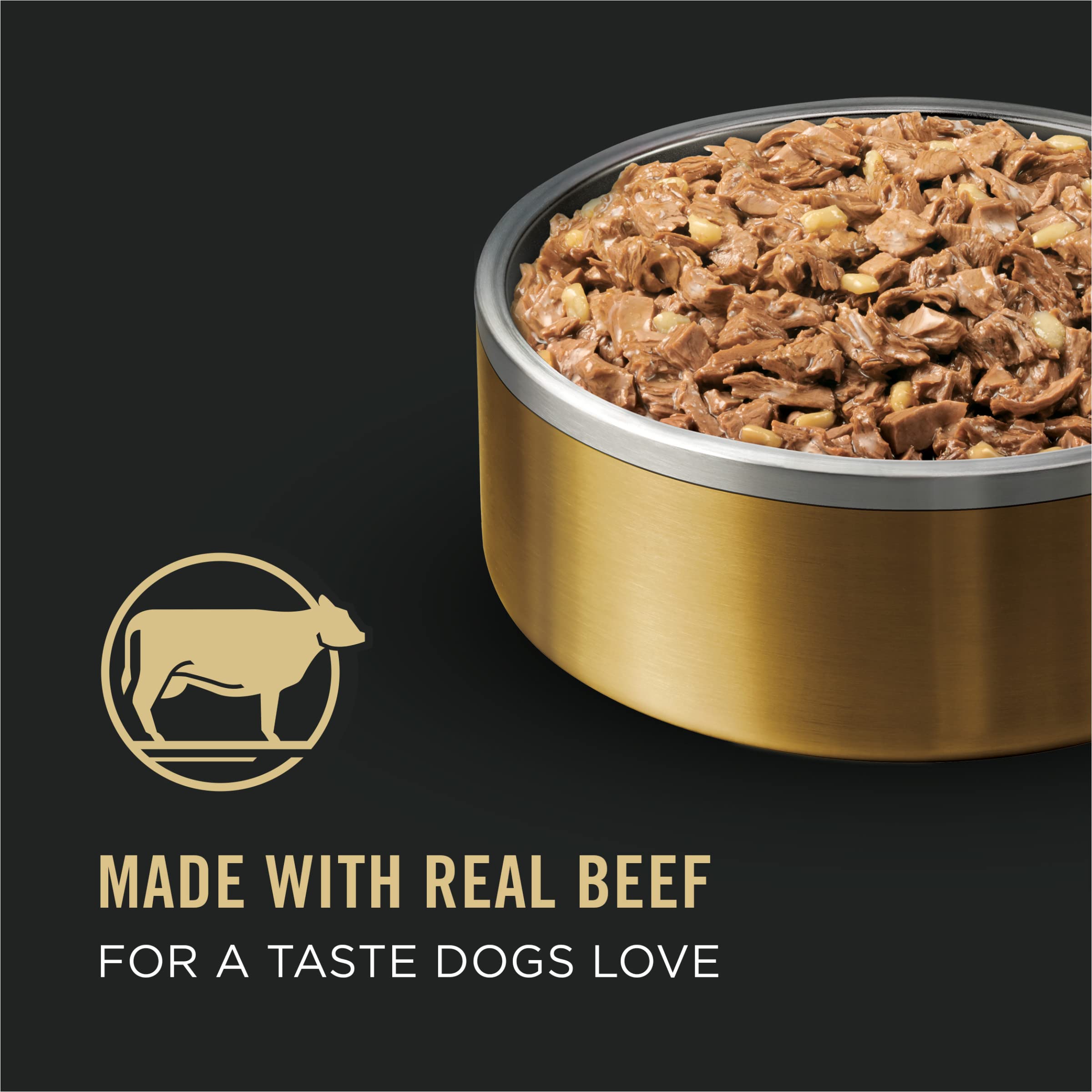 Purina Pro Plan Senior Bright Mind beef tender pieces in gravy tub highlights real beef protein