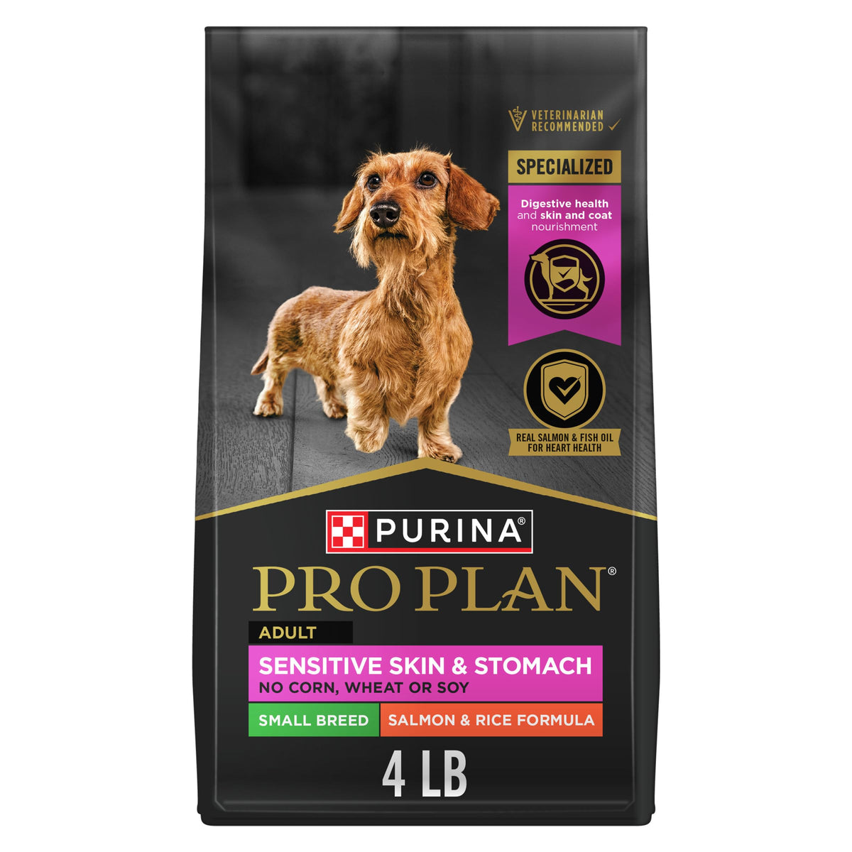 Purina Pro Plan Sensitive Skin Small Breed Salmon bag highlights high protein formula