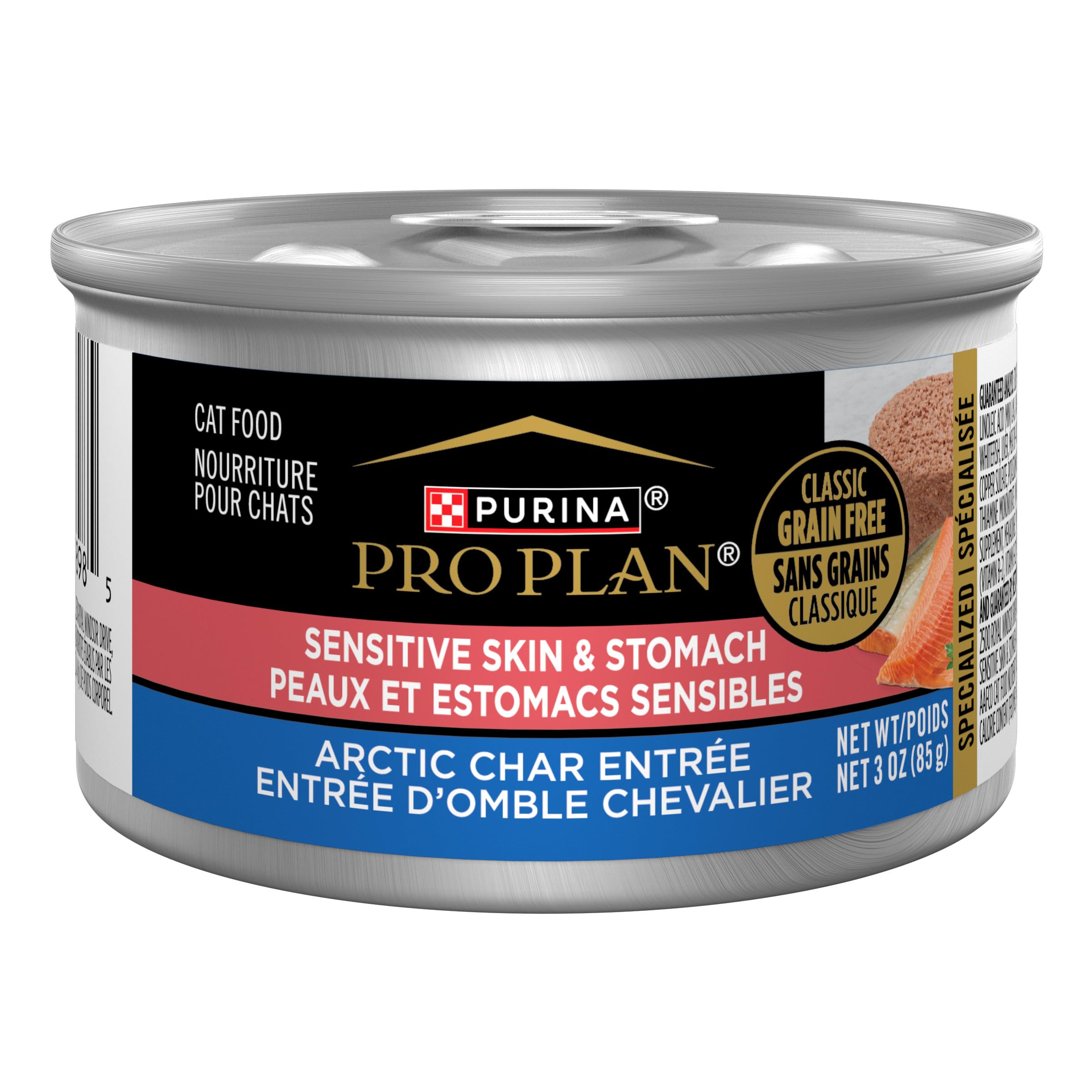 Purina Pro Plan Sensitive Skin and Stomach Arctic Char Entree pâté in pull-top can close-up; gentle digestion option.