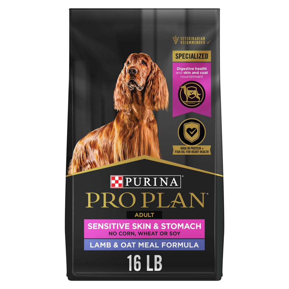 Purina Pro Plan Sensitive Skin and Stomach bag front with lamb-oat meal formula, 16 lb.