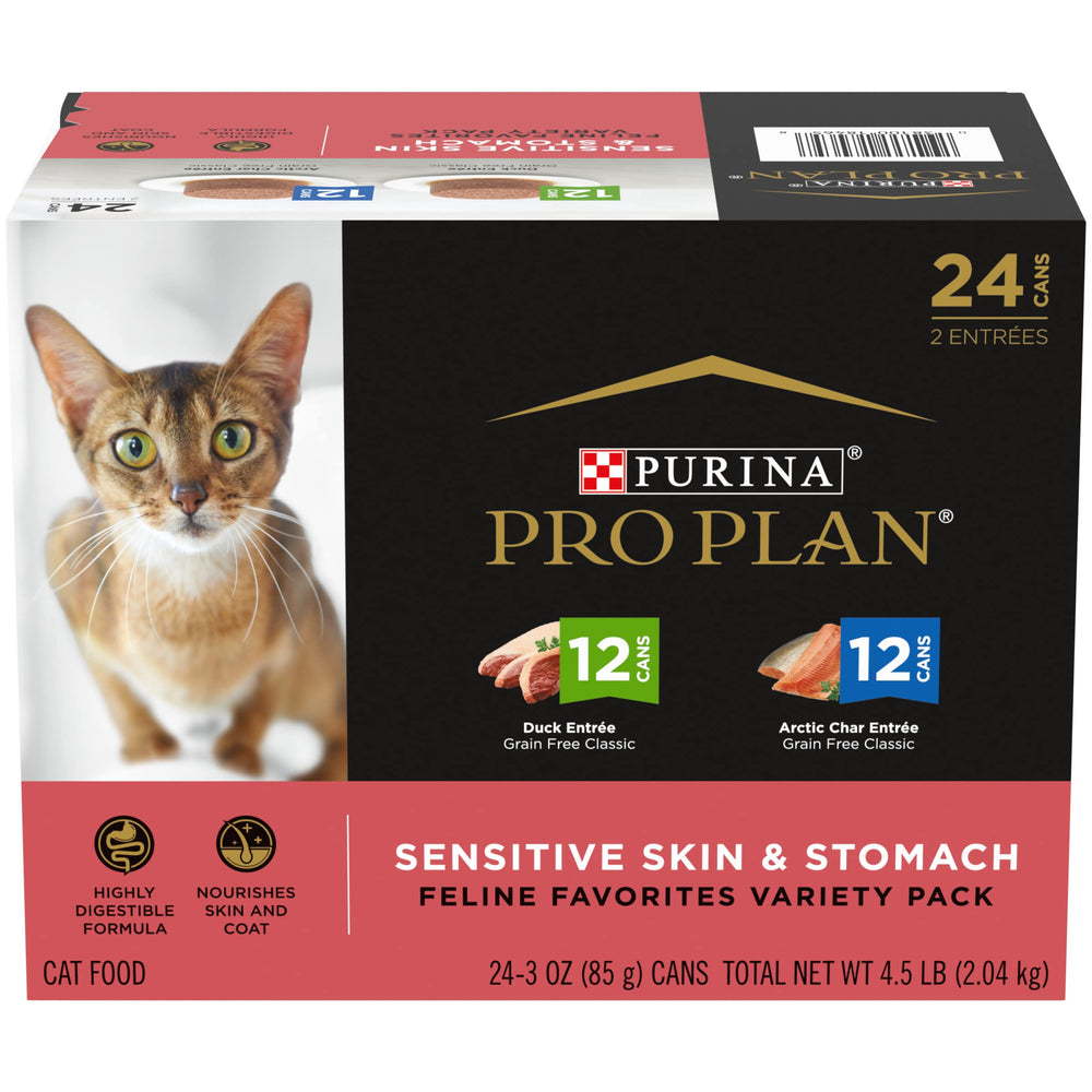 Purina Pro Plan Sensitive Skin and Stomach duck entree pate can supports skin and coat.