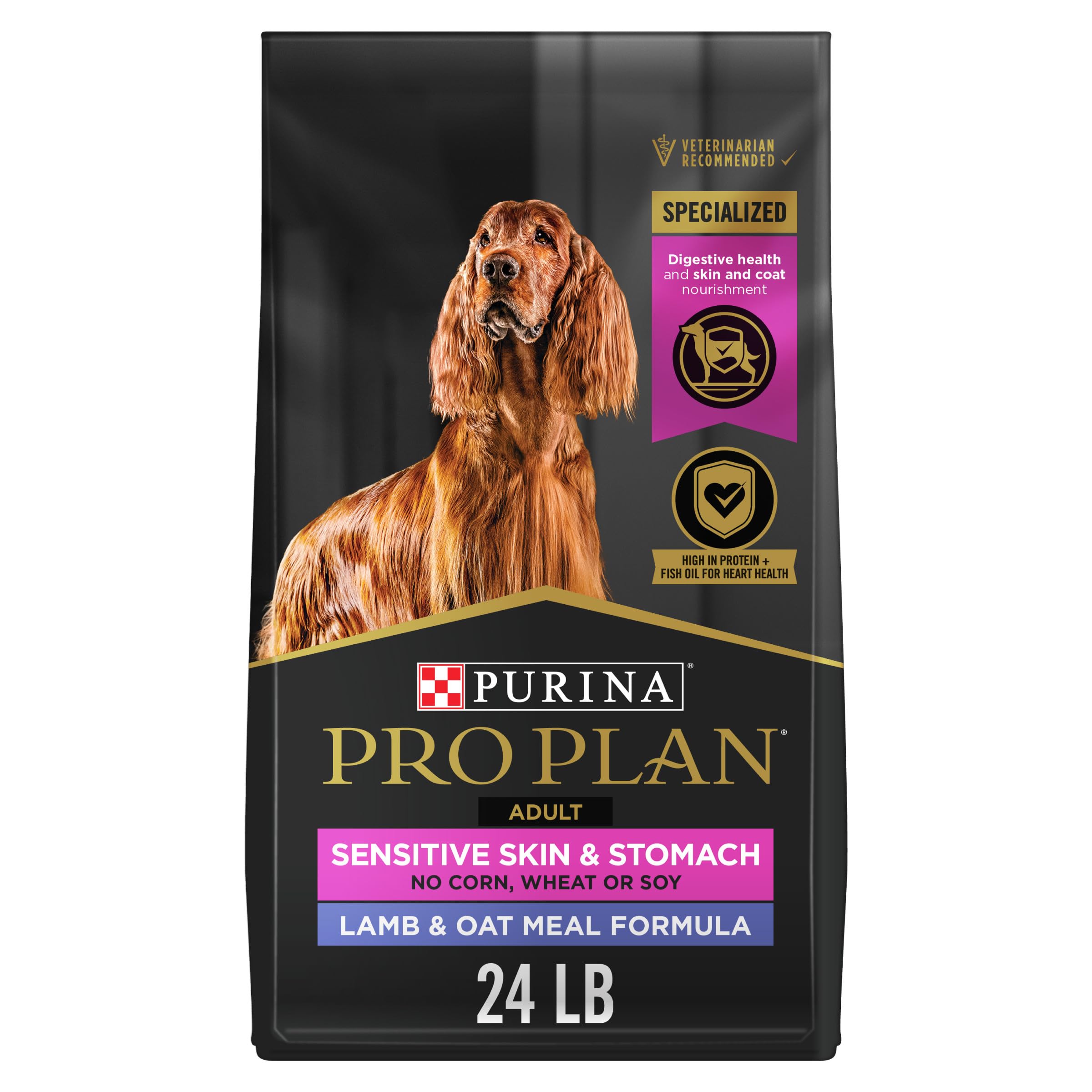 Purina Pro Plan Sensitive Skin and Stomach bag front promotes gentle digestion.