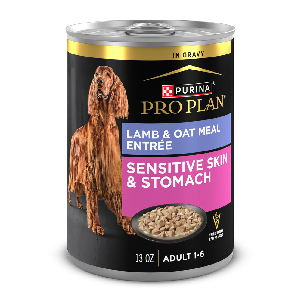 Purina Pro Plan Sensitive Skin Lamb and Oat Meal Entree in Gravy in a bowl enhances palatability.