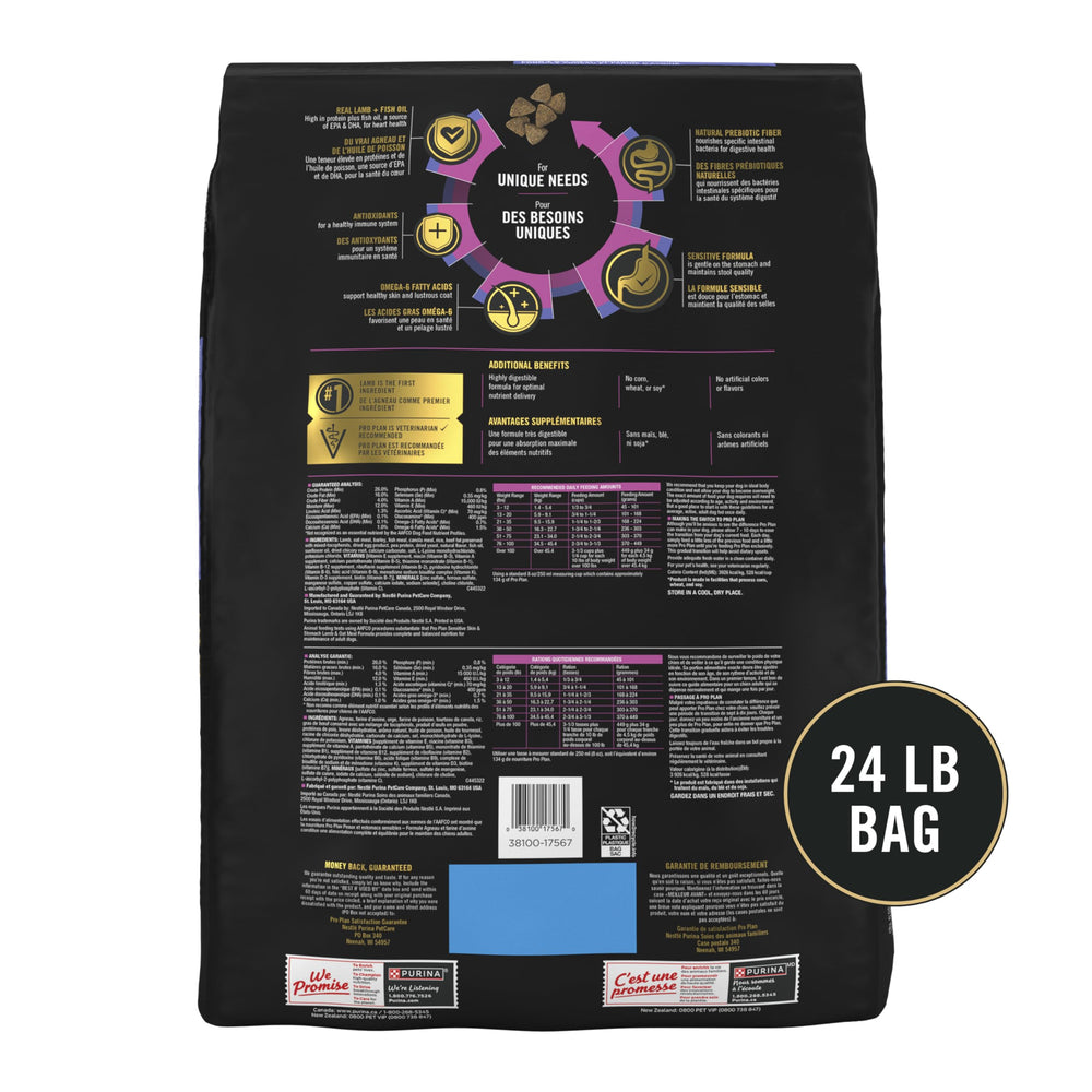 Purina Pro Plan kibble texture close-up demonstrates digestible oat meal formula.