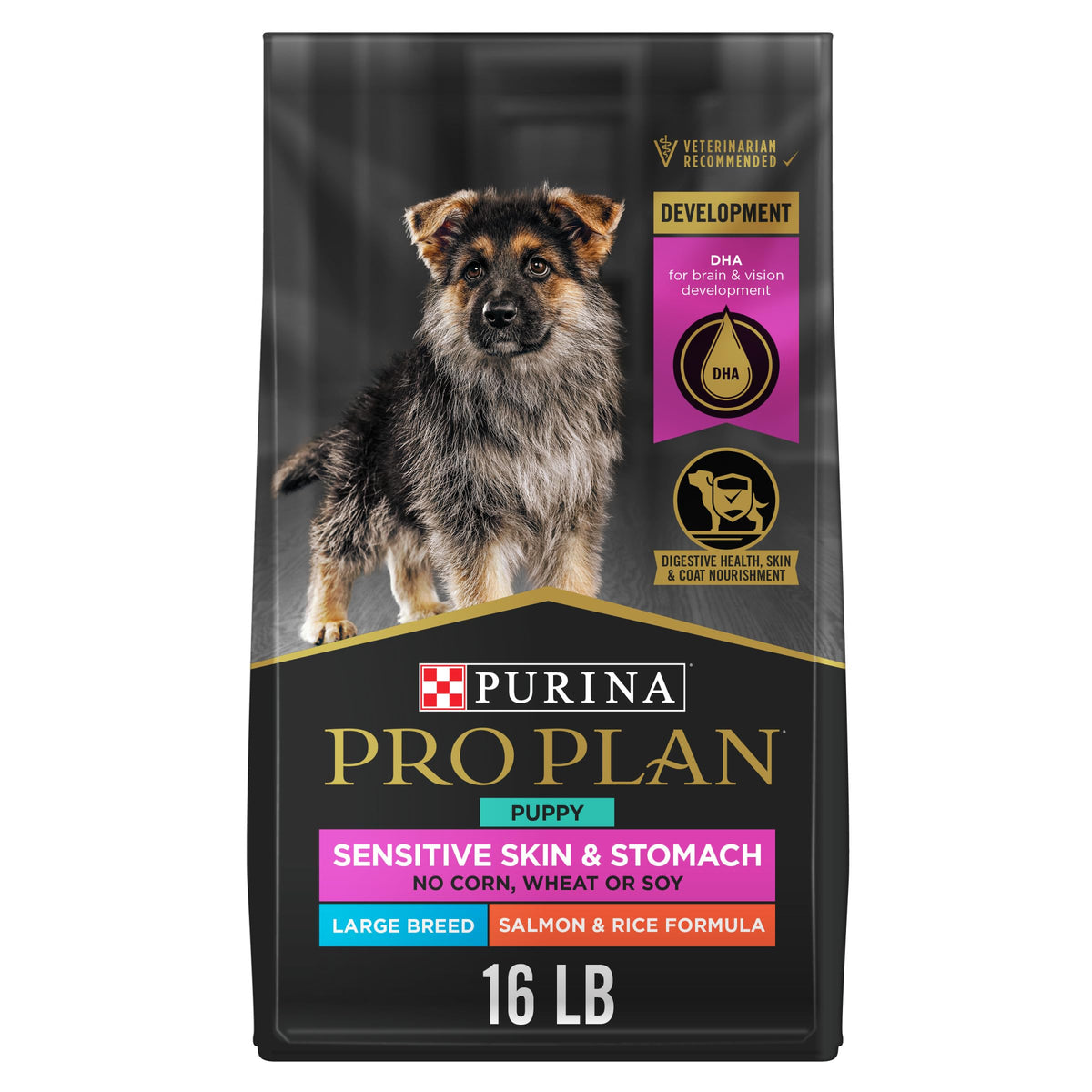 Purina Pro Plan Sensitive Skin and Stomach large-breed puppy bag with salmon main ingredient supports gentle digestion.