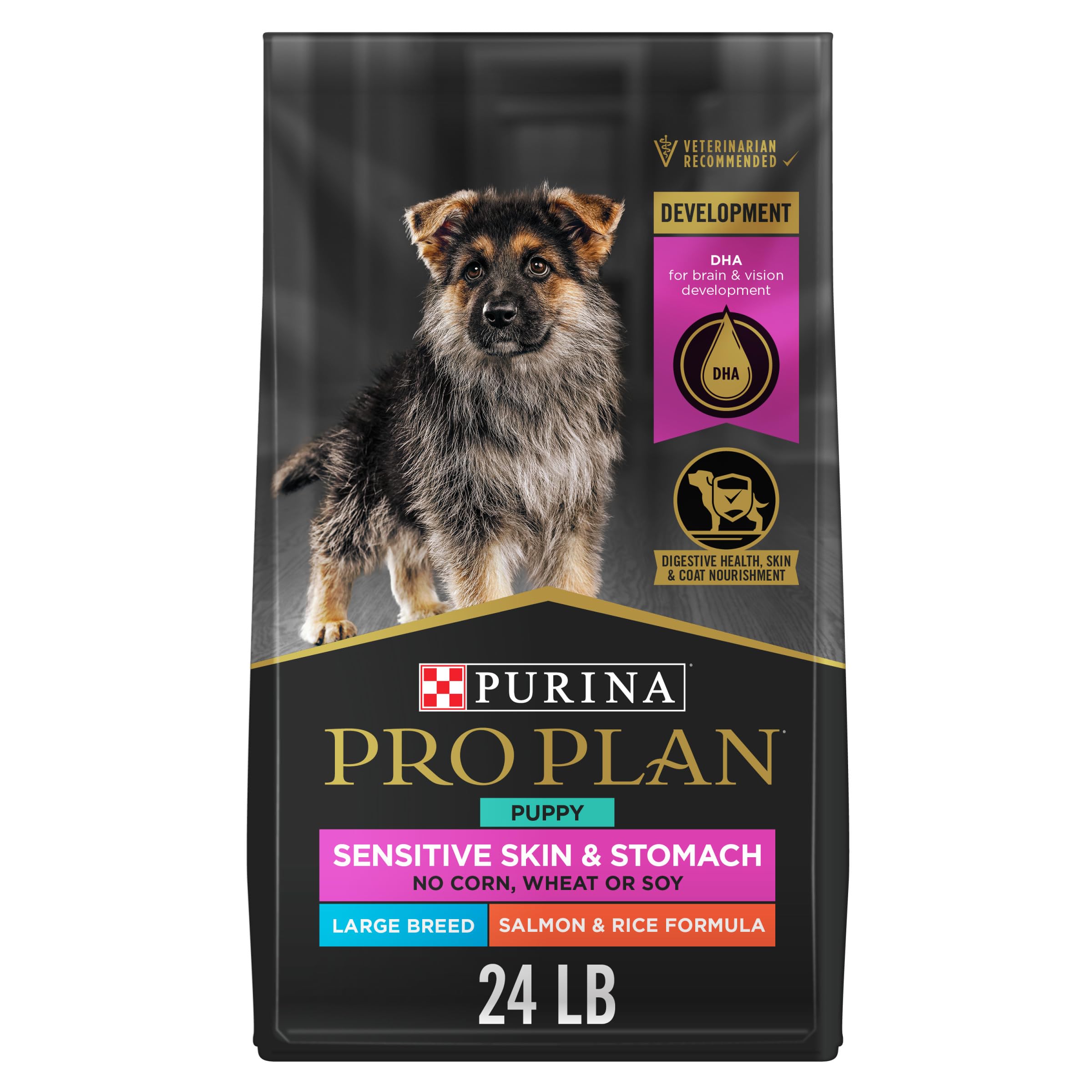 Purina Pro Plan Sensitive Skin and Stomach large-breed puppy salmon-rice bag showcases premium protein and digestibility for growing pups.