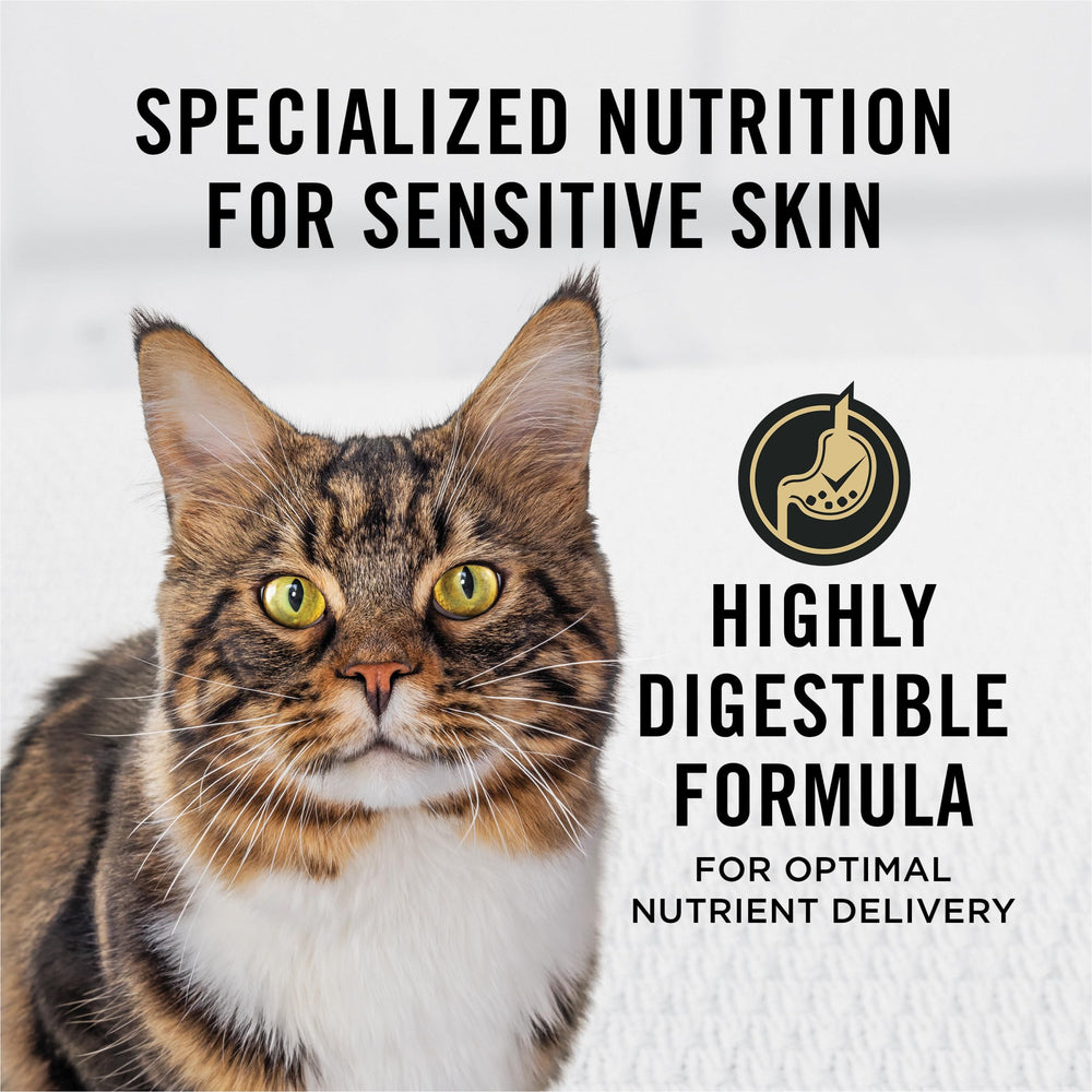 Purina Pro Plan Sensitive Skin and Stomach omega-6 and vitamin A nourish skin and coat.