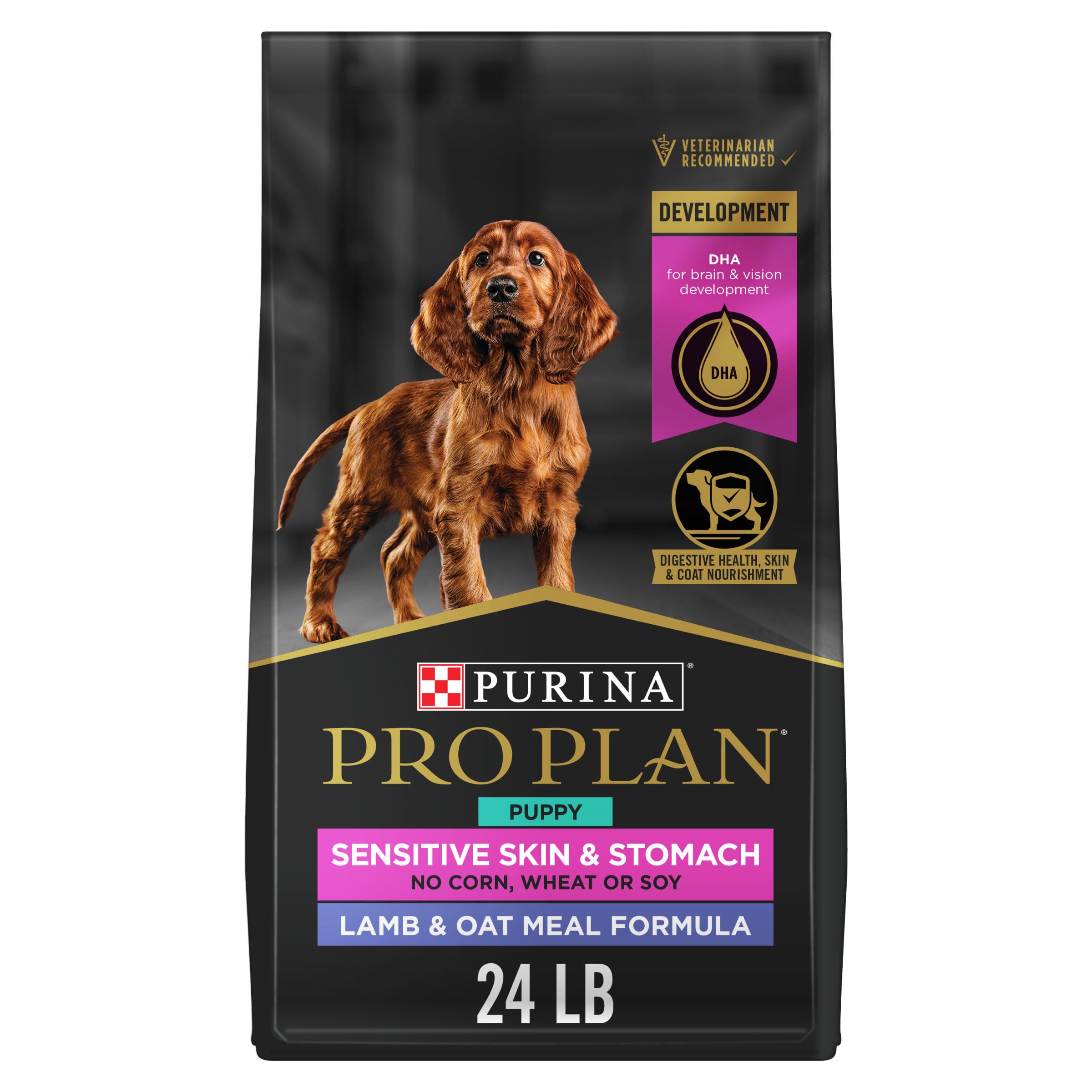 Purina Pro Plan Sensitive Skin and Stomach Puppy Food bag with lamb and oats for gentle digestion