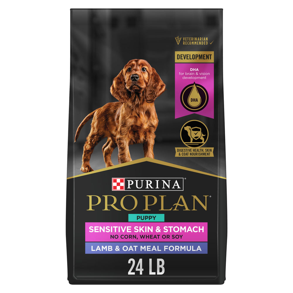 Purina Pro Plan Sensitive Skin and Stomach Puppy Food bag with lamb and oats for gentle digestion