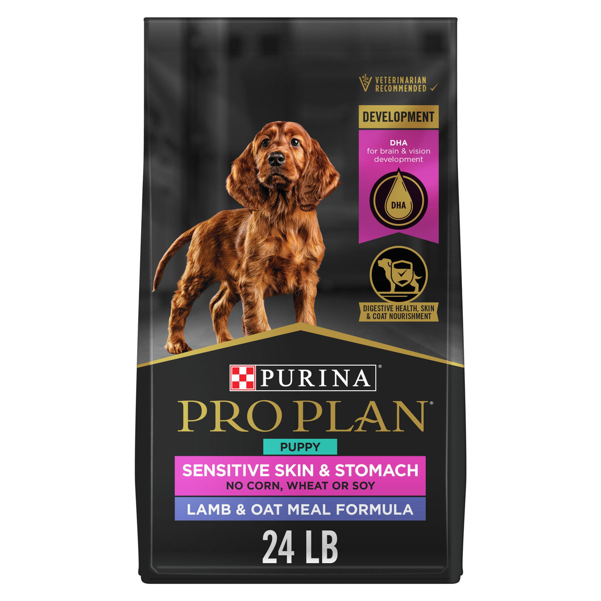 Purina Pro Plan Sensitive Skin and Stomach Puppy Food bag with lamb and oats for gentle digestion