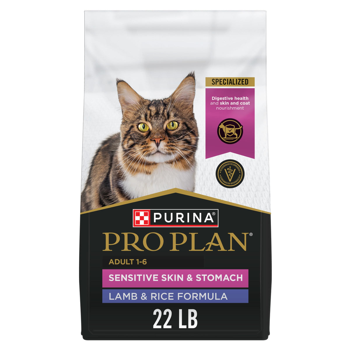 Purina Pro Plan Sensitive Skin and Stomach cat food with real lamb first ingredient enhances flavor.