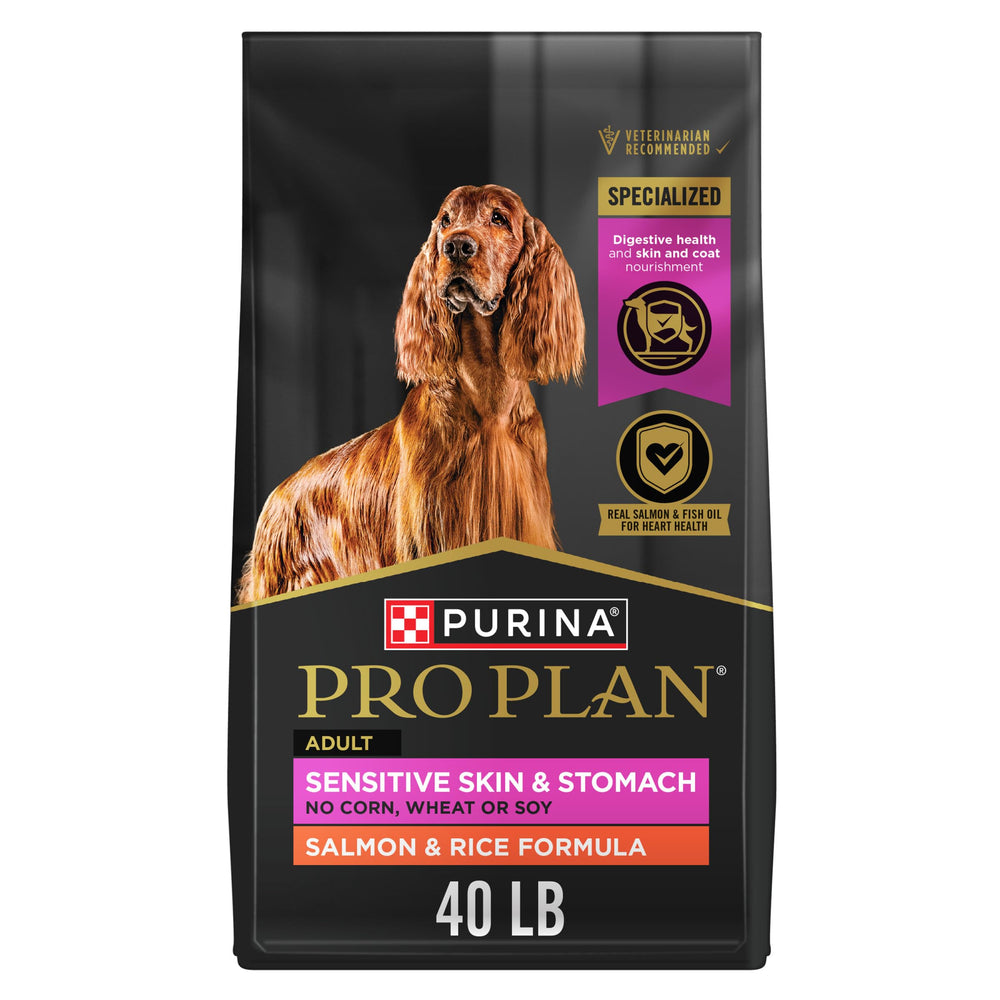 Purina Pro Plan Sensitive Skin and Stomach bag front—formula designed for skin and digestion.