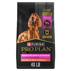 Purina Pro Plan Sensitive Skin and Stomach bag front—formula designed for skin and digestion.