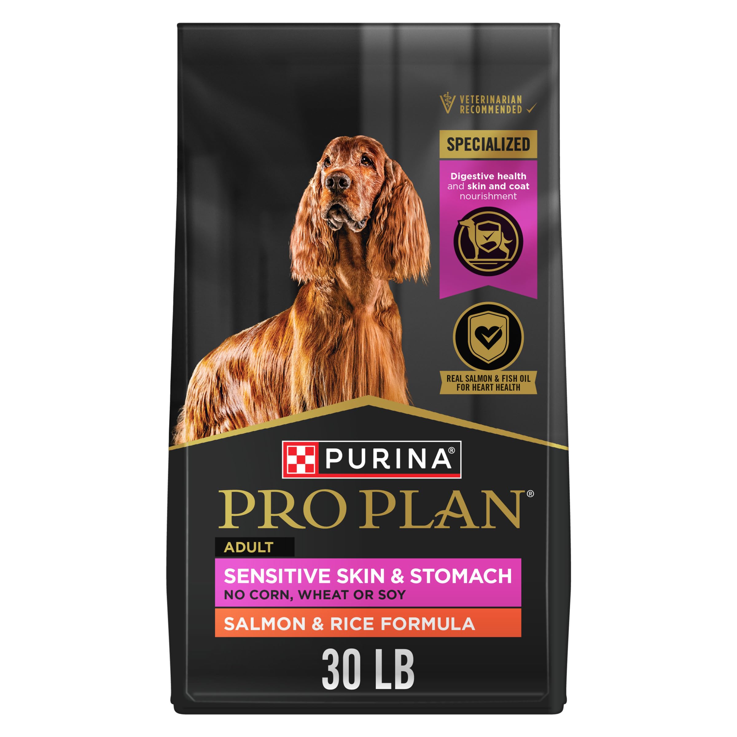 Purina Pro Plan sensitive skin and stomach salmon rice bag front, great for adult dogs with sensitivities.