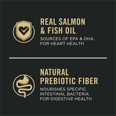 Close-up of Purina Pro Plan kibble showing real salmon first ingredient.
