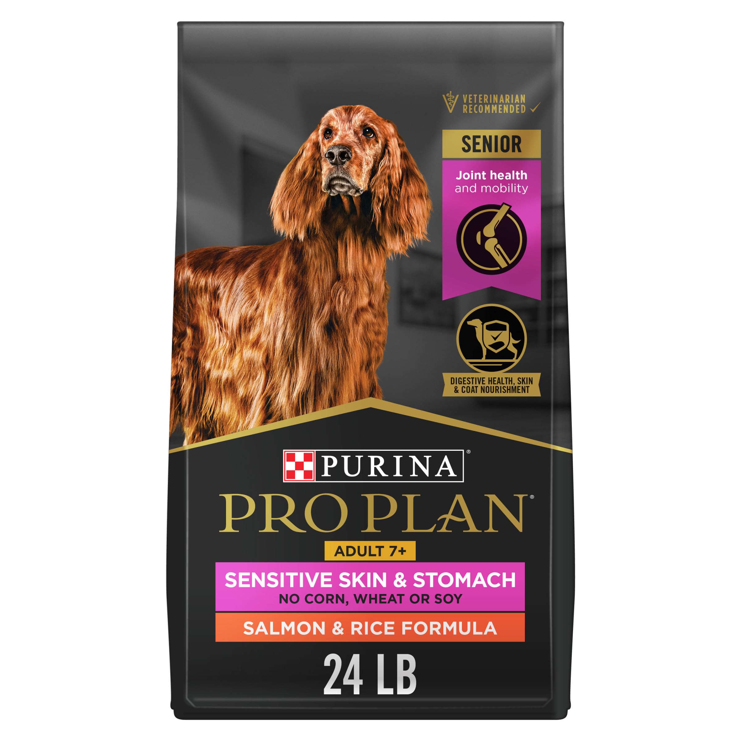 Purina Pro Plan sensitive skin stomach senior 7+ salmon and rice bag supports digestion.