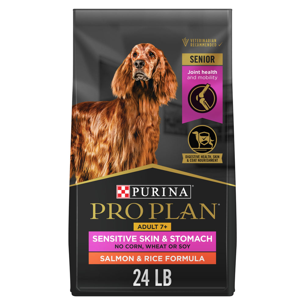 Purina Pro Plan sensitive skin stomach senior 7+ salmon and rice bag supports digestion.