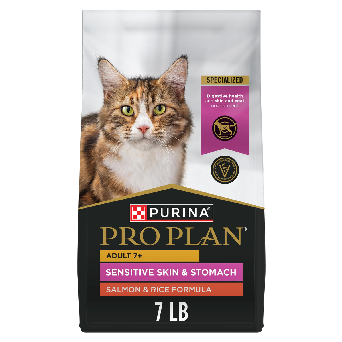 Purina Pro Plan Sensitive Skin and Stomach senior cat kibble in a bowl, tasty and easy to digest.