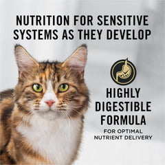 Purina Pro Plan Sensitive Skin and Stomach Senior Cat Food, serving bowl with salmon rice kibble for gentle digestion.