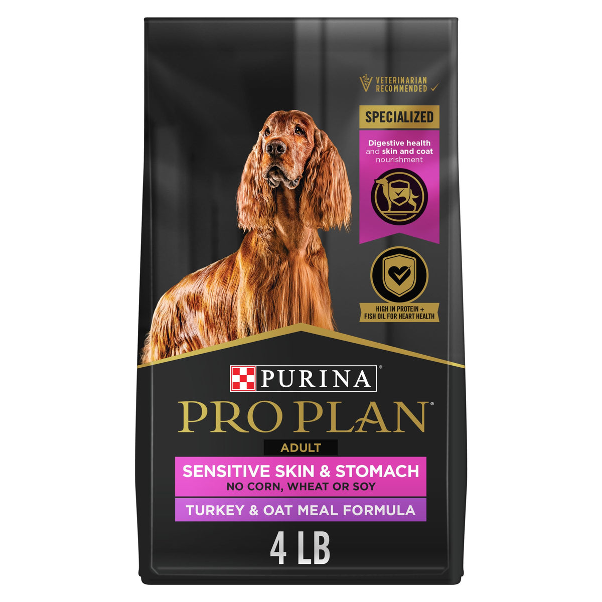 Purina Pro Plan Sensitive Skin and Stomach bag with turkey and oat meal supports gentle digestion.