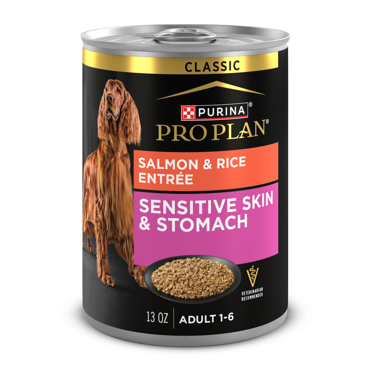 Purina Pro Plan Sensitive Skin Stomach Salmon and Rice Entree can, gentle digestion with real salmon.