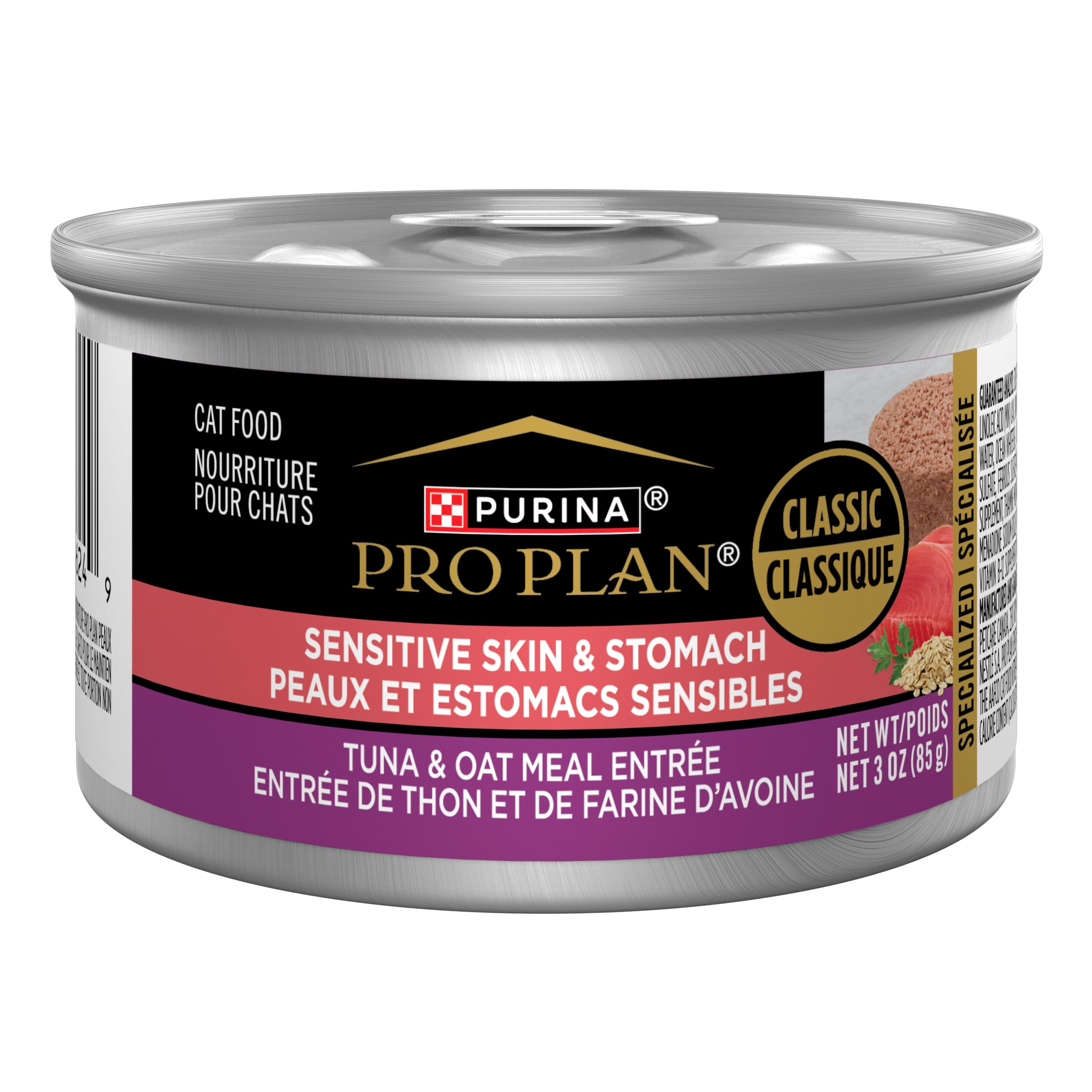 Purina Pro Plan Sensitive Skin tuna-oat-entree can, supports digestion and gentle nourishment.
